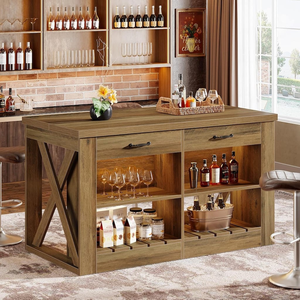 55-inch Kitchen Island with Storage and Seating, Farmhouse Wooden Bar Table with 2 Drawers and Open Shelf