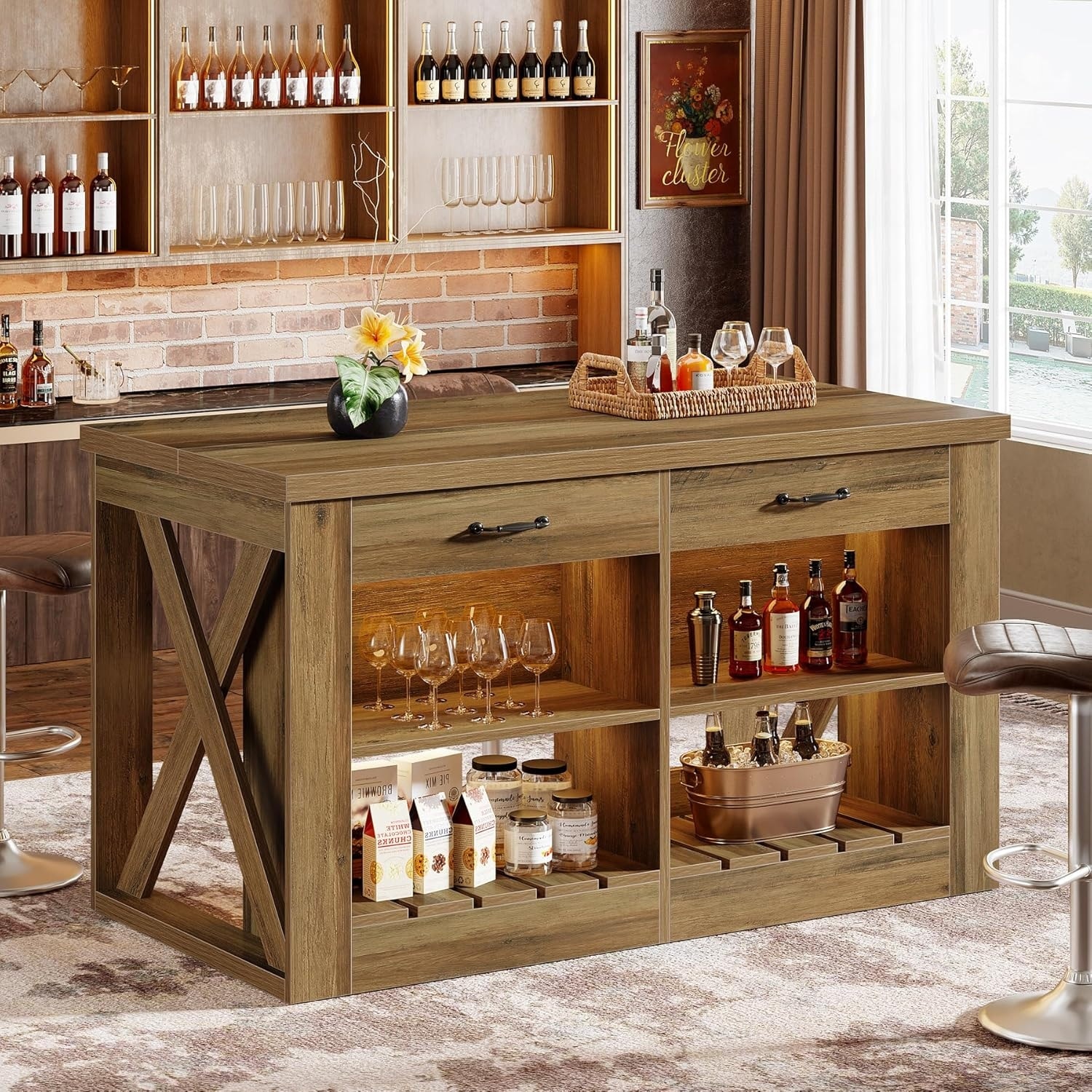 Kitchen Island with Drawers and Shelves, 55" Farmhouse Stationary Island Table