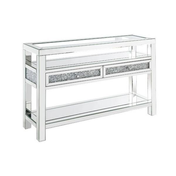 Sofa Table With Mirror Framing And Faux Diamonds Insert Silver Saltoro