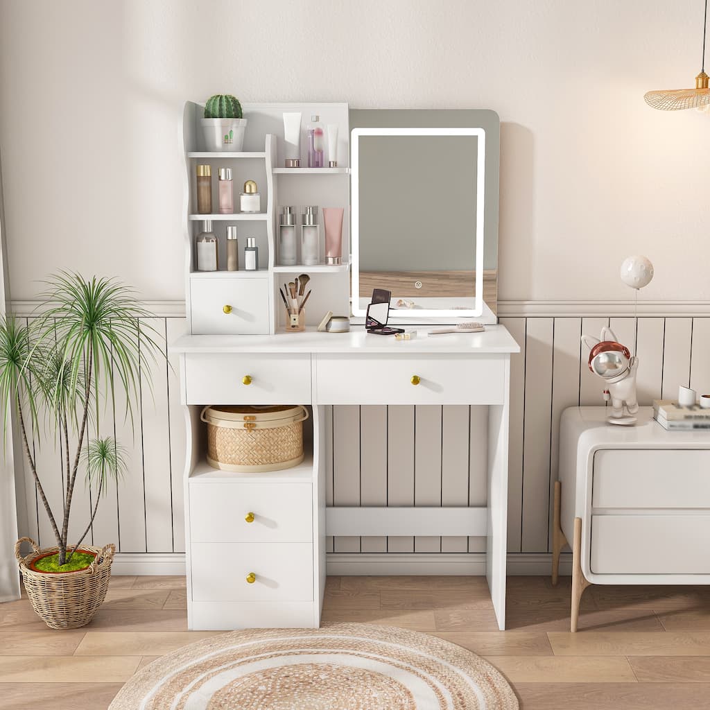 Dressing Table with LED Mirror & 5 Drawers - Touch Screen 3-Color Light, Hidden Mirror & Storage Organizer - Makeup Vanity