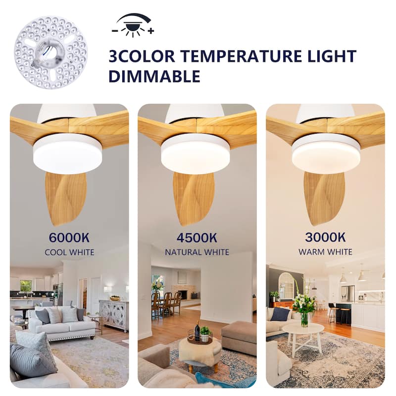 Hot sales 52 Inch Black Ceiling Fan With 3 Color Dimmable 5 Solide Wood Blades Remote Control Reversible DC Motor With Led Light