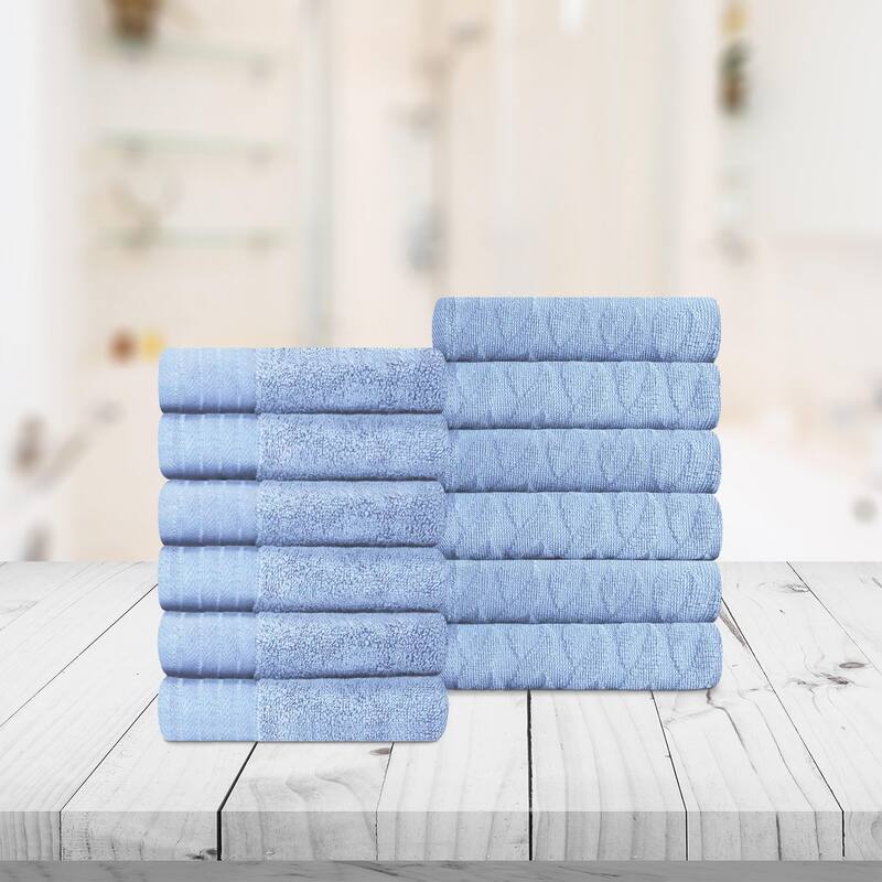 Turkish Cotton Herringbone and Solid Washcloth Towel Set by Superior - Pacific Blue