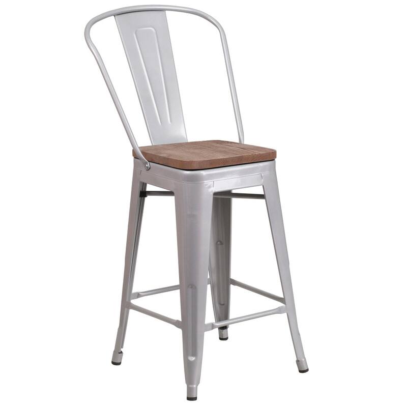 4 Pack 24" High Metal Counter Height Stool with Back and Wood Seat - 17.75"W x 20"D x 39.25"H