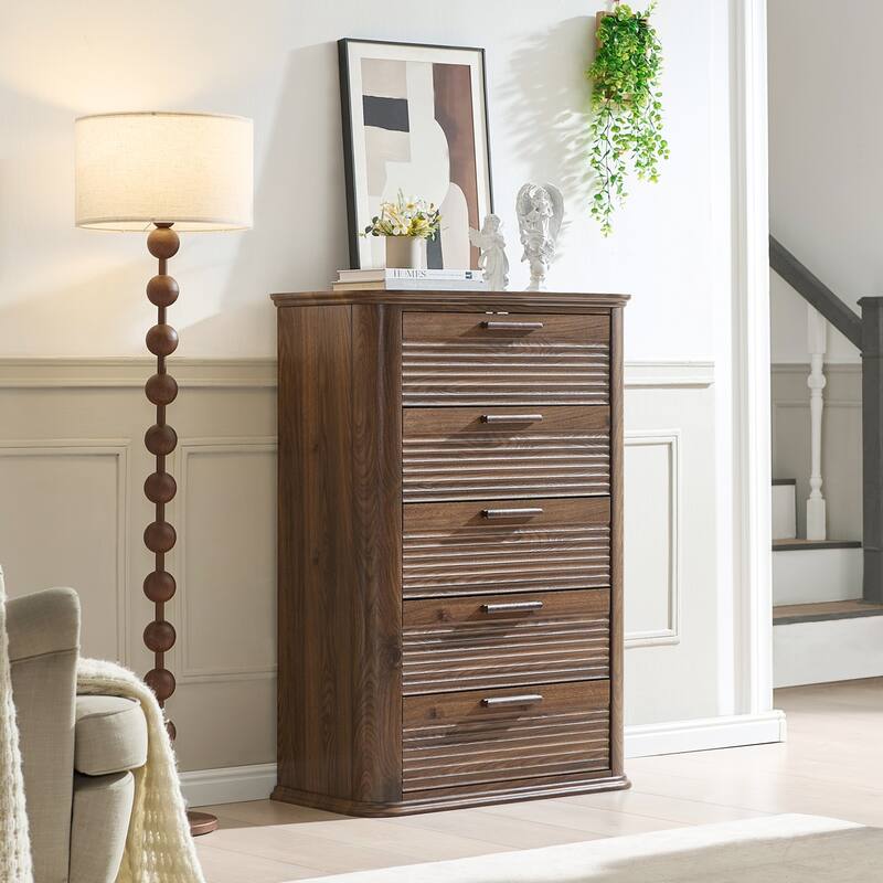 5 Drawers Dresser for Bedroom, 45" Tall Dresser with Curved Profile Design, Wood Fluted Chest of Drawers