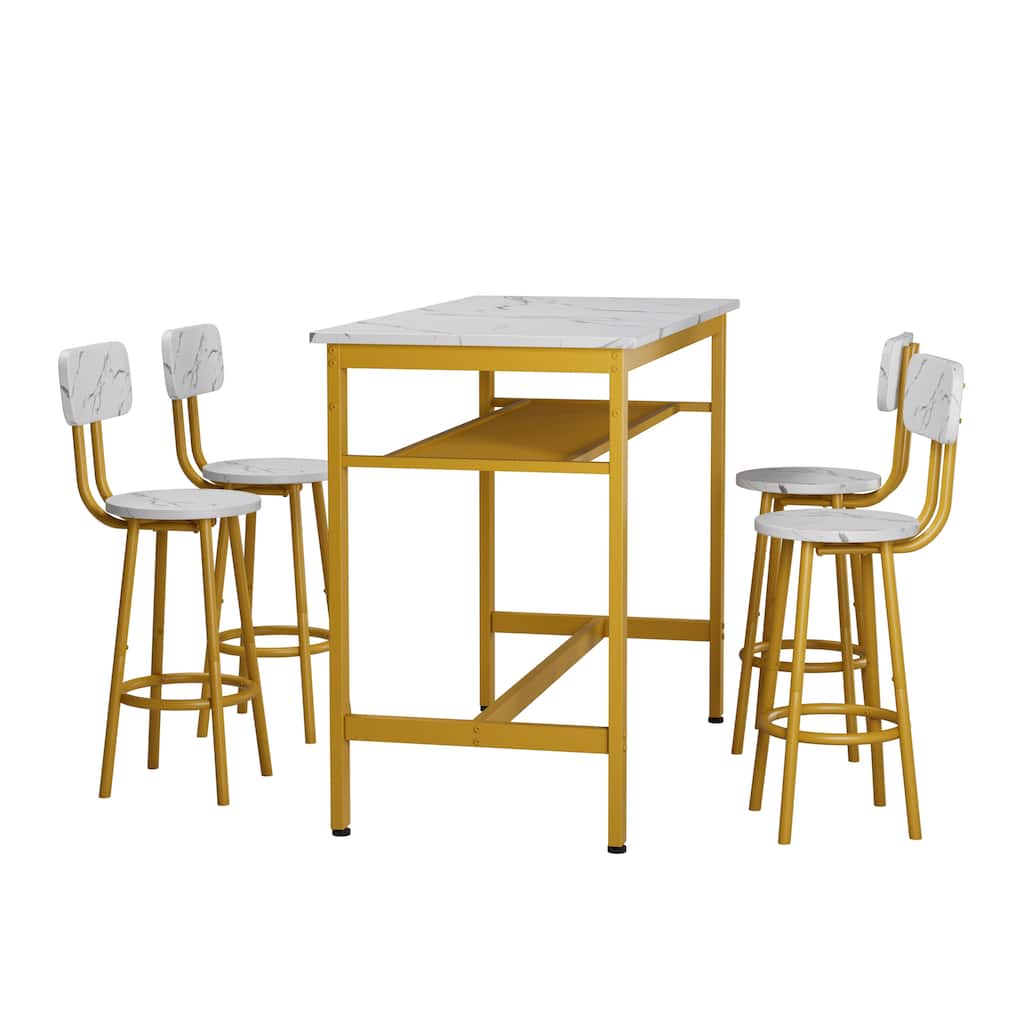 White Gold 5-Piece Pub Table Set with Shelf Storage & 4 Stools, Multi-Functional Corner Bar Table Set with Backrest Stools
