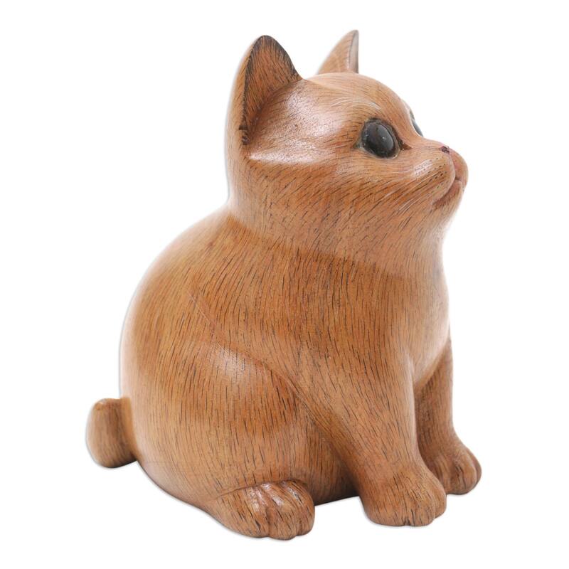 Novica Handmade Cozy Cat Wood Figurine