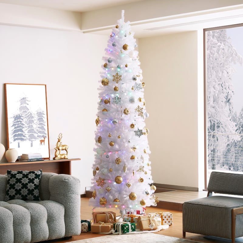 Glitzhome 7.5ft/9ft Shimmering Tinsel Pink Slim Pencil Fir Artificial Christmas Trees