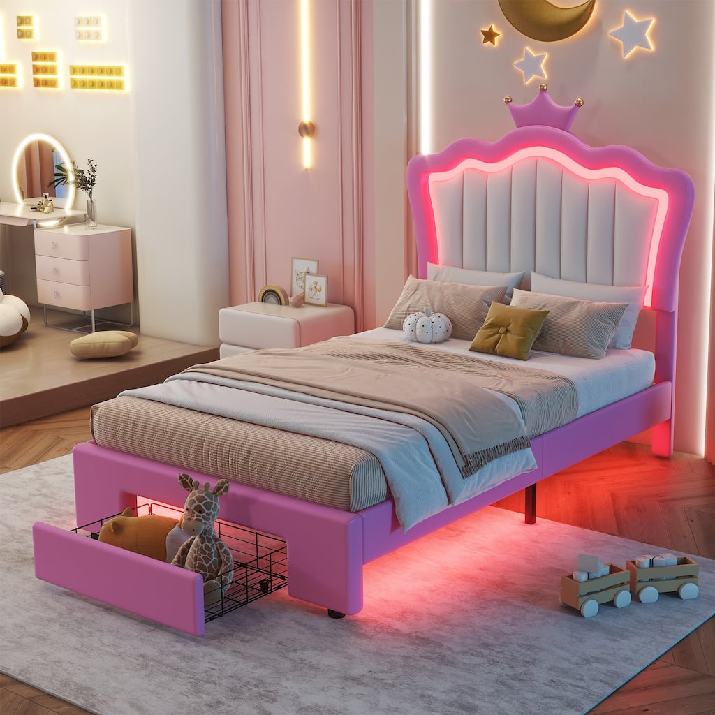 Twin Size PU Upholstered Princess Platform Bed with Crown Headboard, LED Lights and Built-In Storage Drawer