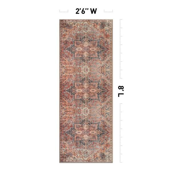 dimension image slide 9 of 17, Floral Medallion Washable Rug – Low Pile, Non-Slip, Ideal for Entryway, Living Room, and Bedroom