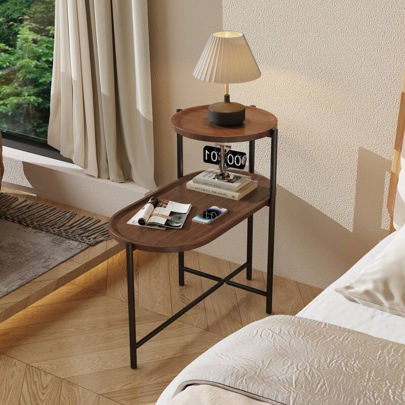 Round Coffee Table with Storage Tray 2 Tier Oval End Tables Wooden Small Side Table for Living Room - Walnut Brown