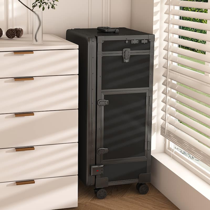 Roomfitters Portable Nail Table with LED Mirror, Lockable Drawers and Bluetooth, Folding Manicure Station on Wheels, Black - Black