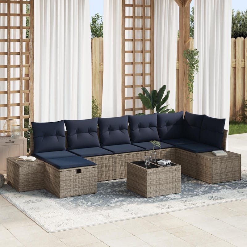 vidaXL 7/8 Garden Sofa Set with Cushions Black/Brown/Grey Poly Rattan - 125.6 x 60.6 x 27.2 - Grey with table
