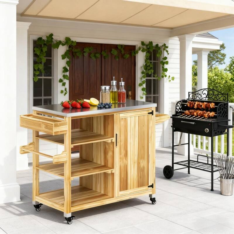 GDFStudio Outdoor Aerin Stainless Steel Grill Cart with Solid Wood Frame and Multi-Tier Storage