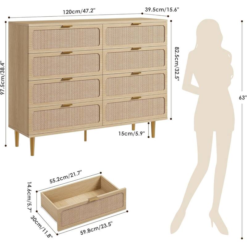 Rattan 8 Drawer Dressers TV Stand for Bedroom Living Room