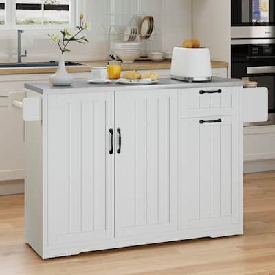 Moasis 47.2" Drop Leaf Kitchen Island with Stainless Steel Top and Wheels & Pull-Out Cabinet