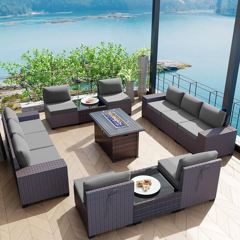 Delnavik 13 Pieces Outdoor Patio Furniture Set with Fire Pit Table w/ Wide Armrests - w/Rattan Firepit - Grey