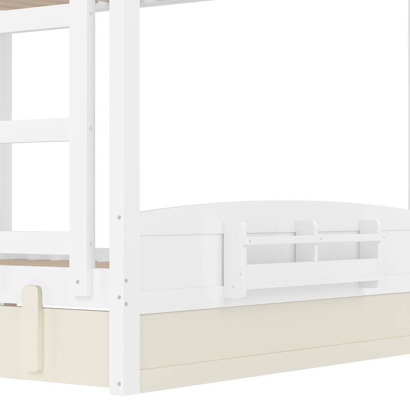 Kids Bed Wooden Bunk Bed with Trundle and Built-in Storage Bookshelves
