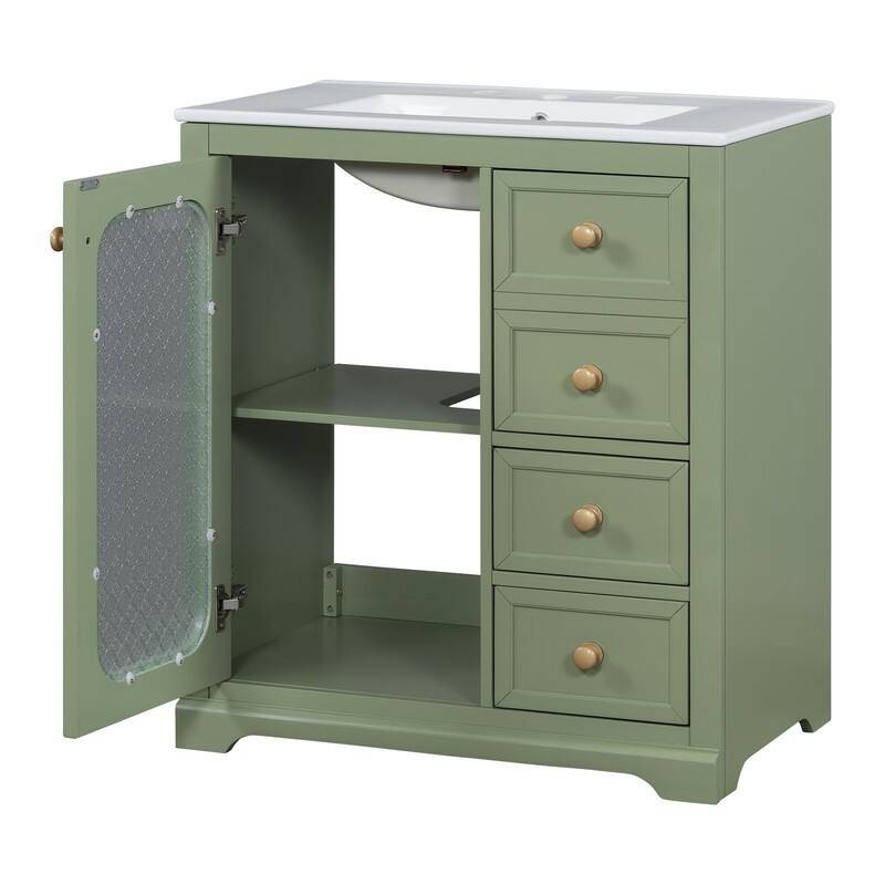 30''/36'' Bathroom Vanity with Sink, 3 Drawers Bathroom Storage Cabinet with Soft-Close Glass Door and Adjustable Shelf