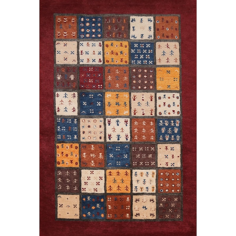 Tribal Geometric Gabbeh Indian Area Rug Red Hand-Tufted Wool Carpet - 5'3" x 7'7"