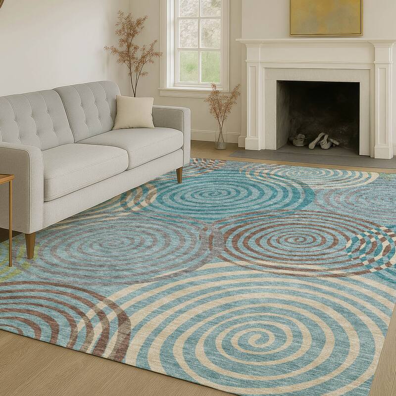 Machine Washable Indoor/ Outdoor Contemporary Swirls Chantille Rug