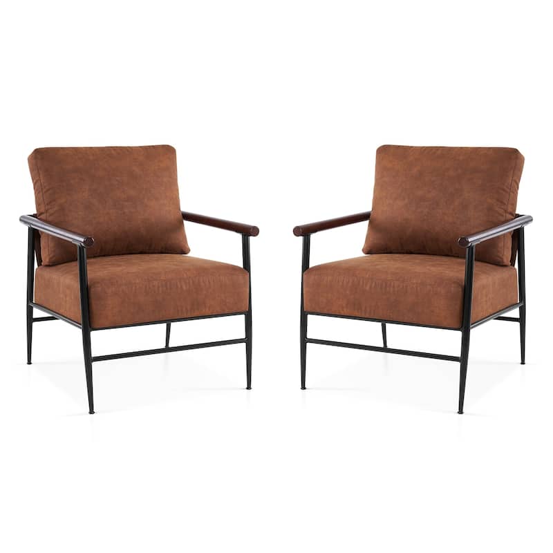 MCombo Set of 2 Modern Accent Chairs, Armchair with Upholstered Cushion, Leathaire Fabric Lounge Chairs for Living Room 4748 - Saddle