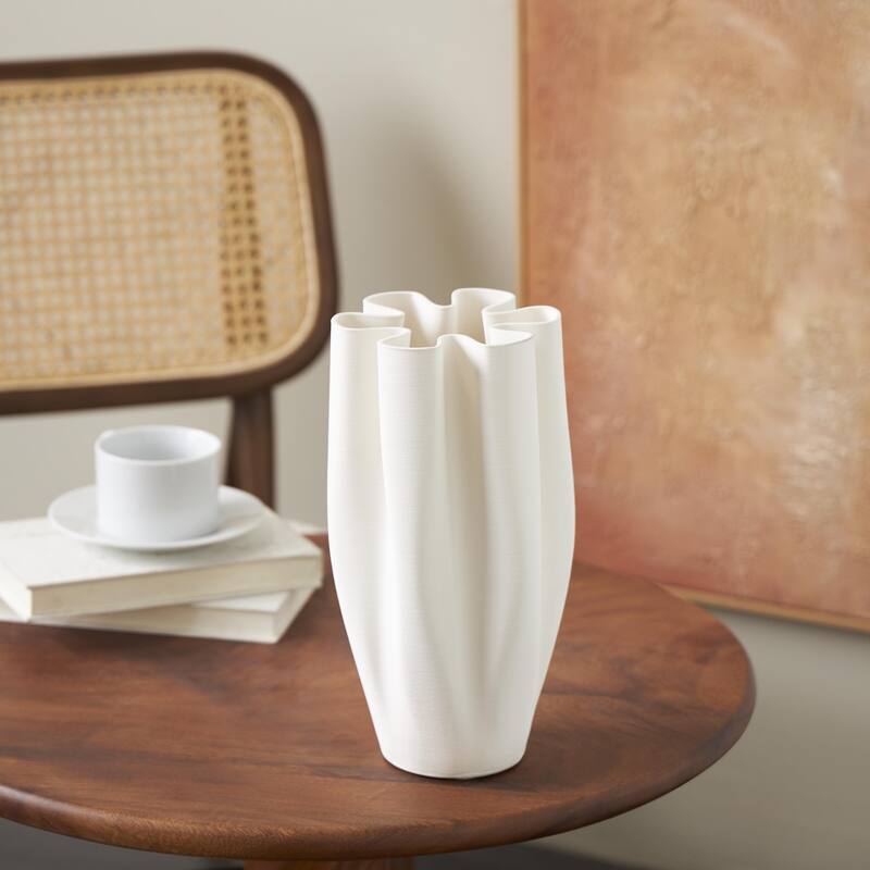 Ceramic Abstract Ribbed Dimensional Folded Decorative Vase with Floral Shaped Rim - White - Roche River Decor