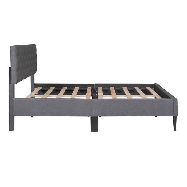 Gray Linen Upholstered Platform Bed Sturdy Pine Wood Frame, ButtonTufted Headboard Bed Bath