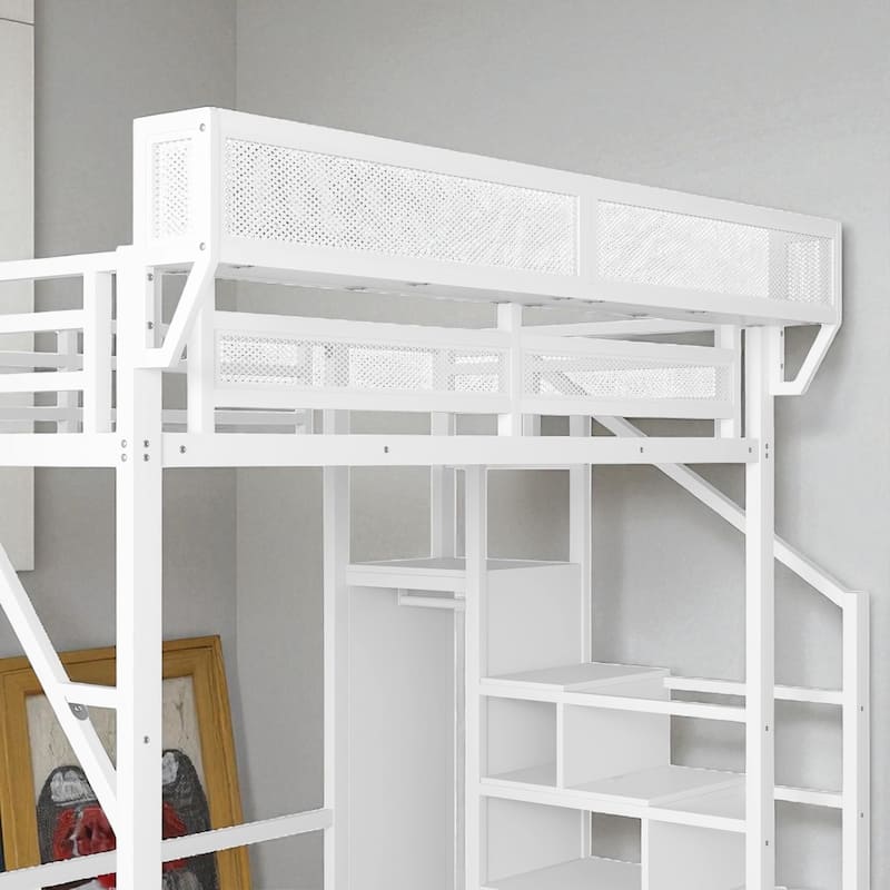 Full/Queen Metal Loft Bed with Stairs, Wardrobe, Mesh Shelf, White, 54.3 in Clearance, Guardrails, Kids Teens