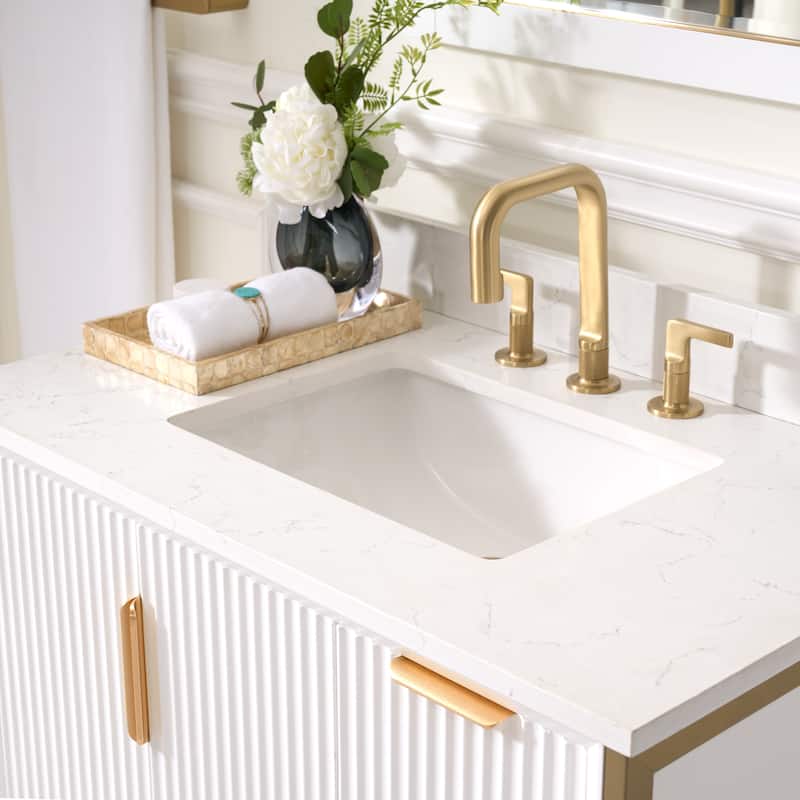 35''H Solid Wood Bathroom Vanity With Carrera White Quartz Top and Sink,White