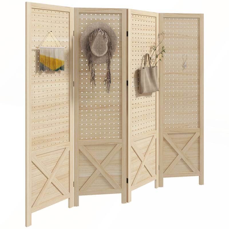 Folding Wood Pegboard Room Divider for Privacy and Organization in Home or Office