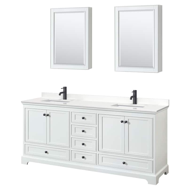 Deborah 80-inch Double Vanity, Quartz Top, Medicine Cabinets - White, Black Trim, White Quartz Top