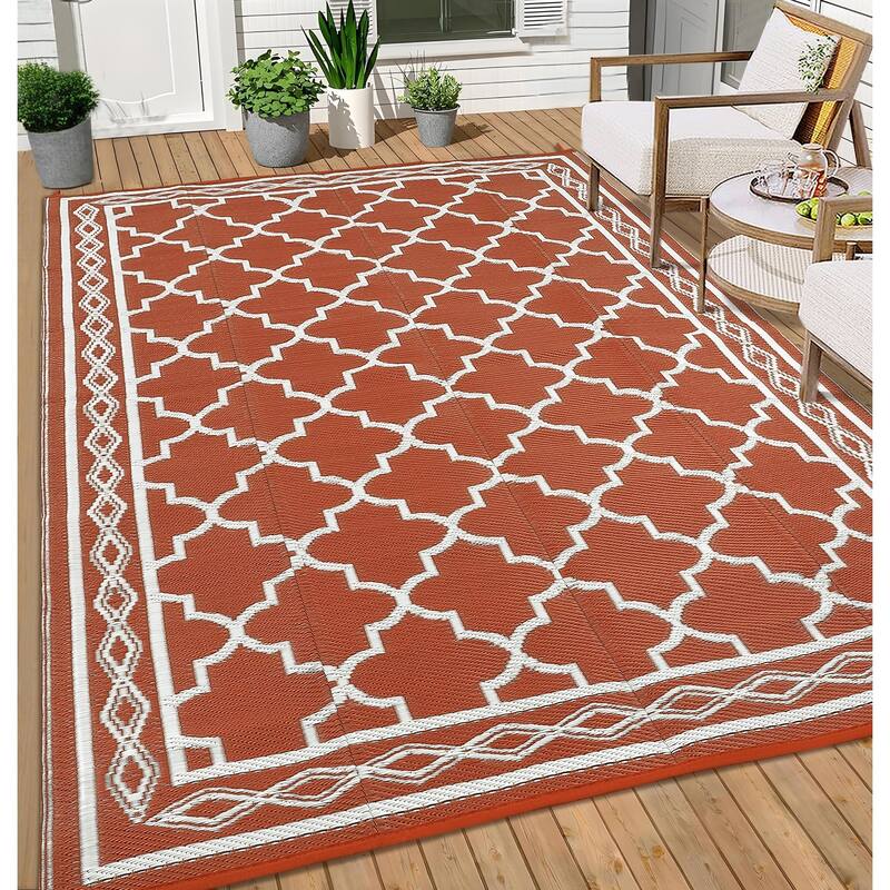 Outdoor Rug Waterproof Reversible Rug Outside Plastic Carpet, Stain & UV Resistant Portable RV Rug - 9'x18' - Brick Red White