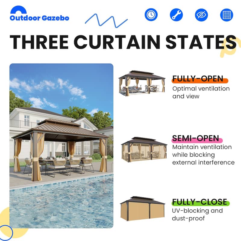 Outdoor 12 x 20 Hardtop Gazebo with Curtains, Shelter with Galvanized Steel Double Roof, Aluminum Frame, and Mesh Netting