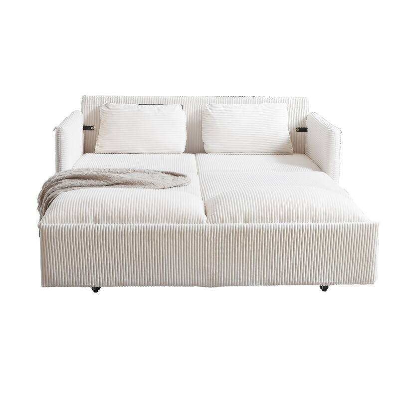 65" Corduroy 2-Seater Sleeper Sofa, 3-in-1 with Storage and Side Pocket