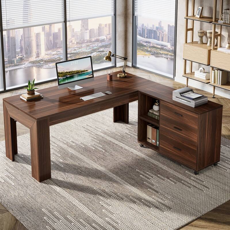 63" L Shaped Desk with File Cabinet, Executive Office Desk