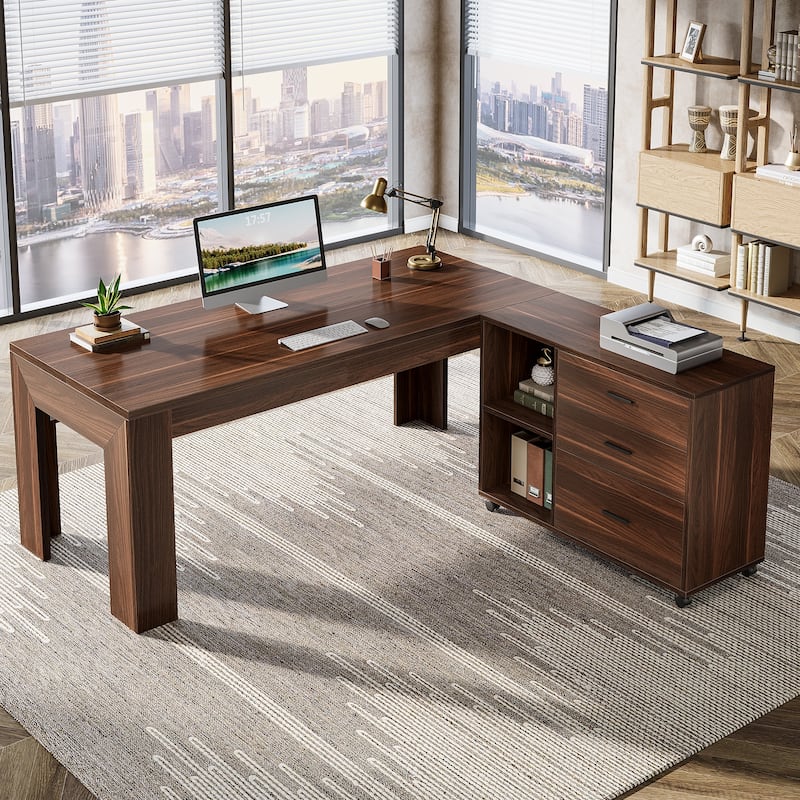 63" L Shaped Executive/Computer Desk/Table Mobile File Cabinet with Drawers/Shelves Home Office Business Furniture - RusticBrown