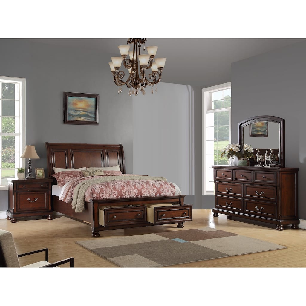 Traditional Style Bed Set Panel Headboard Bun Feet Dark Cherry Finish