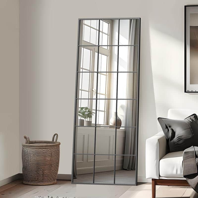Wrought Iron Grid Full Length Arch Rectangle Frame Window Mirror Freestanding - 69"x30" - Black