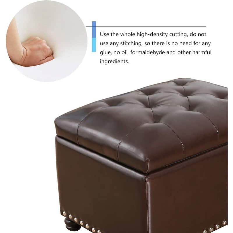 Adeco Tufted Bottom Bonded Leahter Brown Rectangle Storage Ottoman