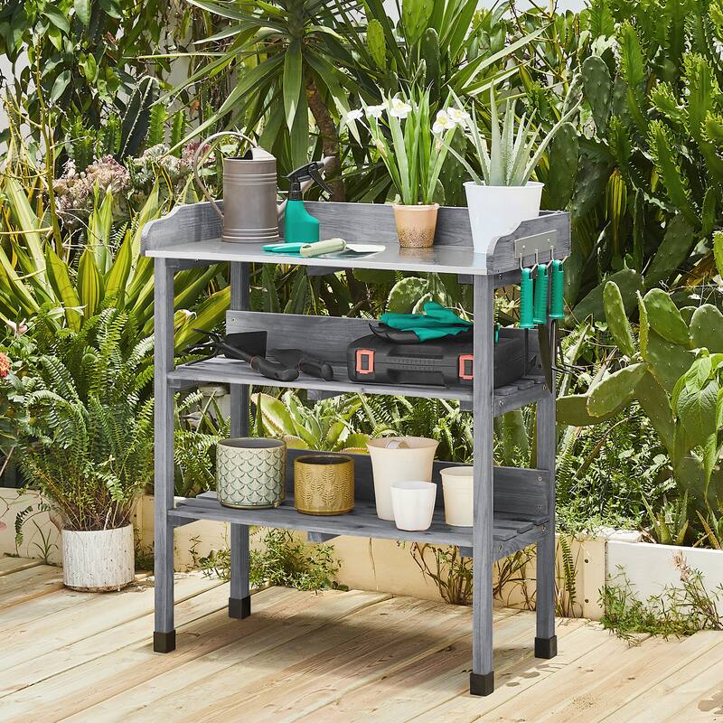 Yaheetech Outdoor Potting Bench Table Wooden Potting Station with Storage Shelf and Hook - Grey