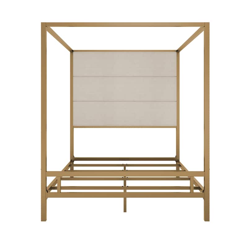 Modern Platform Canopy Bed with Wingback Upholstered Headboard and Metal 4-poster Bed Frame, Box Spring Needed Low Profile Bed