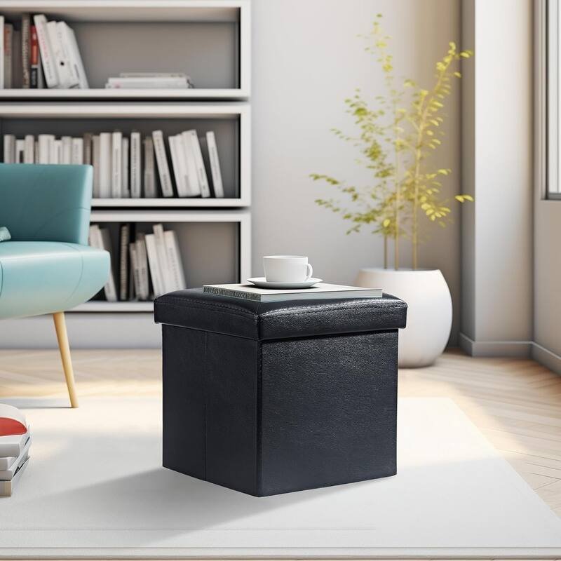 2 PC Storage Folding Ottoman, Storage Footrest Stool, Faux Leather Storage Bench Cube with Padded Seat for Small Space