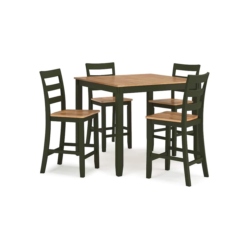 Gasy Counter Height Dining Table Set, 4 Chairs, Dark Green Wood, Brown