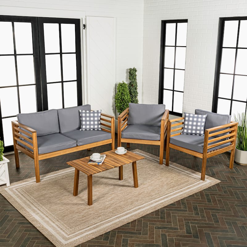 Everly 4-Piece Mid-Century Modern Acacia Wood Outdoor Patio Set with Cushions and Plaid Decorative Pillows, by JONATHAN Y