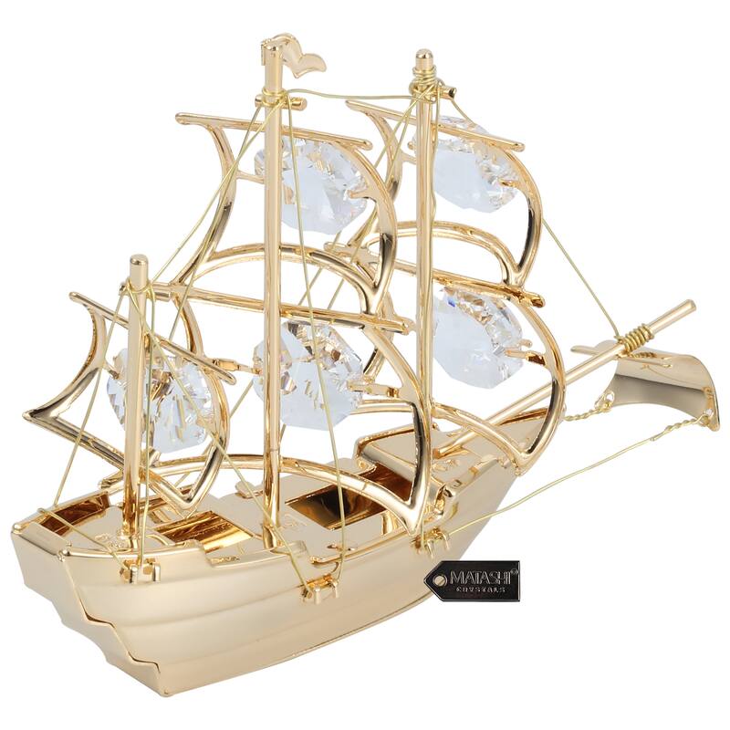 Matashi Home Decorative Tabletop Showpiece 24K Gold Plated Crystal Studded Mayflower Sailing Ship Ornament