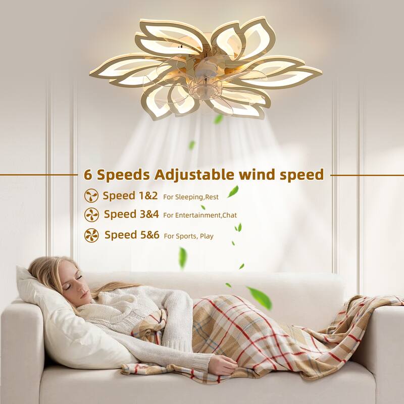 25.5 inch Cartoon Petal Ceiling Fans with Lights and Remote, Flush Mount Bladeless Ceiling Fan Lights with Reversible Blades