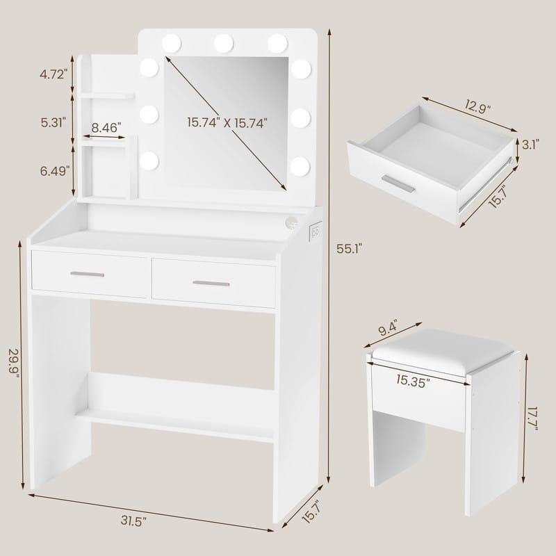 Makeup Vanity Desk with Mirror and Stool, Charging Station, 2 Drawers, 3 Shelves