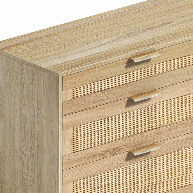 6 Drawers Rattan Dresser, Wooden Storage Wardrobe Dresser, Floor Standing Storage Cabinet with Metal Handle & Wood Legs