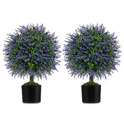 Gymax Set of 2 Artificial Lavender Topiary Ball Trees 23'' Faux
