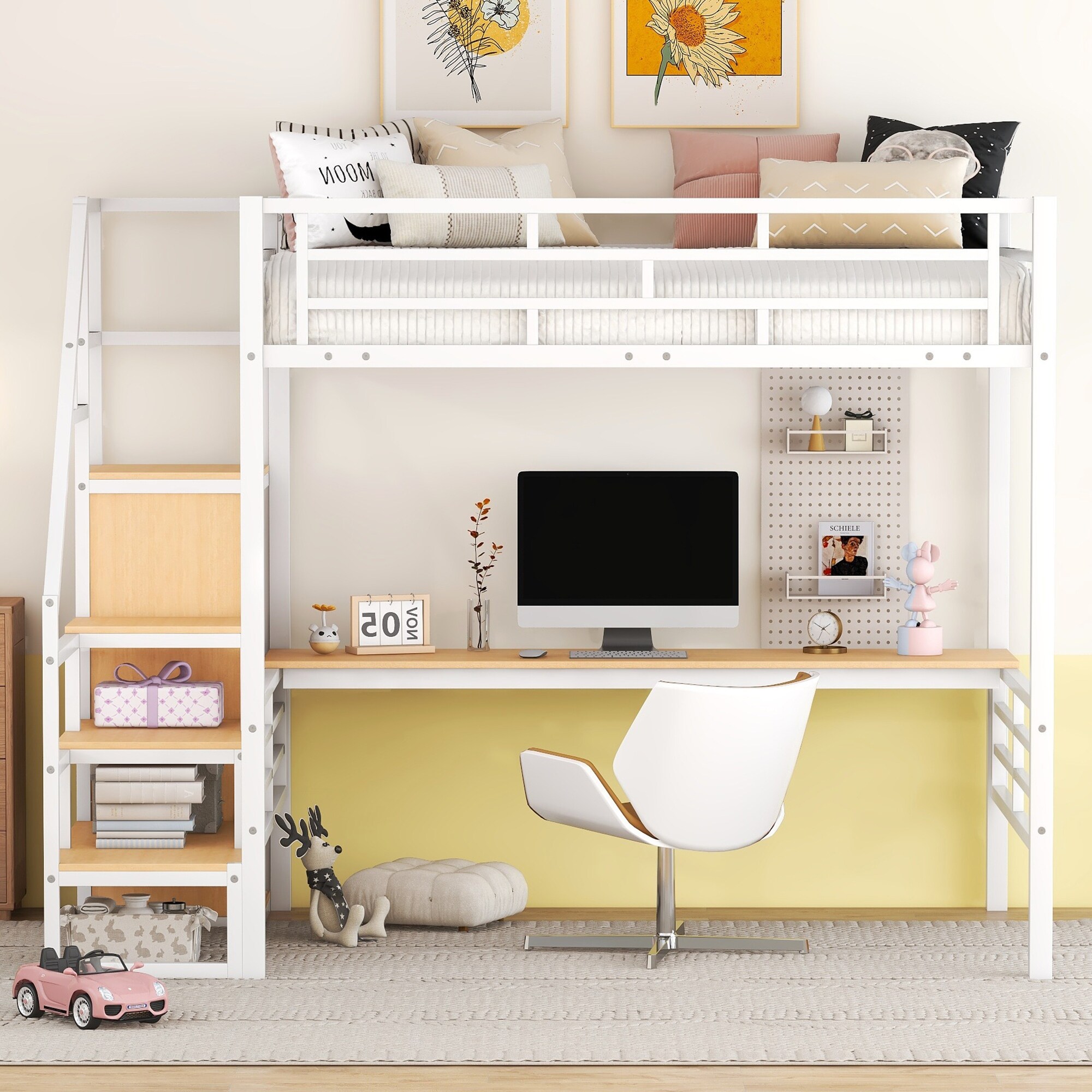 Full Size Modern Metal Loft Bed With Desk Storage Staircase And Small Wardrobe Sturdy Frame Kids Bedroom Sets Bed Bath Beyond 40170725